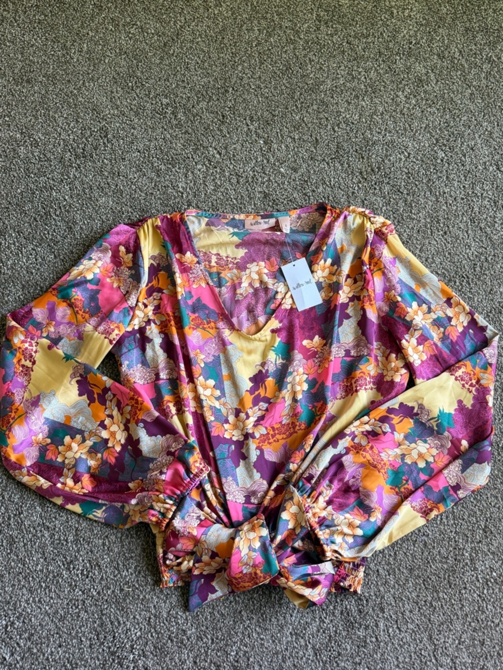 Floral Tie-Front V-Neck Blouse in Multicolor by Lulus